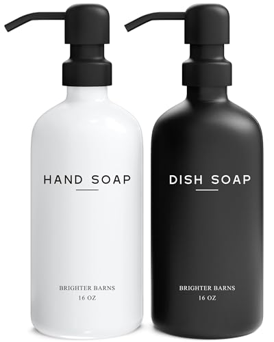 Luxury Glass Hand and Dish Soap Dispenser Set by Brighter Barns - Kitchen Soap Dispenser Set with Stainless Steel Pump for Kitchen Sink - Neutral Modern Farmhouse Home Decor for Airbnb (Black/White) - color: Black White Hd