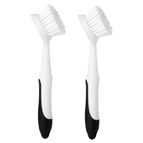 Dish Brush with Handle, Dish Scrub Brush with Built-in Scraper, Nylon Dish Scrubber, Kitchen Brushes for Dishes,Pots, Pans and Sinks 2 Pack