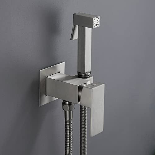SHAMANDA Warm Water Bidet Sprayer for Toilet with Hot and Cold Brass Rough-in Valve, Stainless Steel Handheld Bidet Attachment Set for Feminine, Pets and Baby Diaper Wash, Brushed Nickel, BDS08-2 - color: Brushed Nickel, style: Hot & Cold Water Modes-Squa