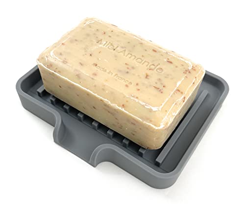 Silicone Soap Dish Tray and Sponge Holder with Drain Chute, Rectangular, Kitchen and Bathroom Sink Organizer (Grey, 5.2"x4" (Set of 2), 7.2 Ounces) - color: Gray, size: (SM) 5.2"x4" (2pcs)