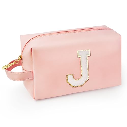 Personalized Initial Makeup Bag with Handle, Preppy Cosmetic Bag with Inner Zipper Pocket, 8 9 10 11 12 13 14 Years Old Girl, Graduation Gifts for Teen Girls Women Teachers (J, Pink) - color: Pink, style: J