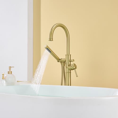 Wowkk Free Standing Tub Faucet Brushed Gold Freestanding Bathtub Faucet Floor Mount Brass Bathroom Tub Filler with Hand Shower - color: Brushed Gold, style: Modern