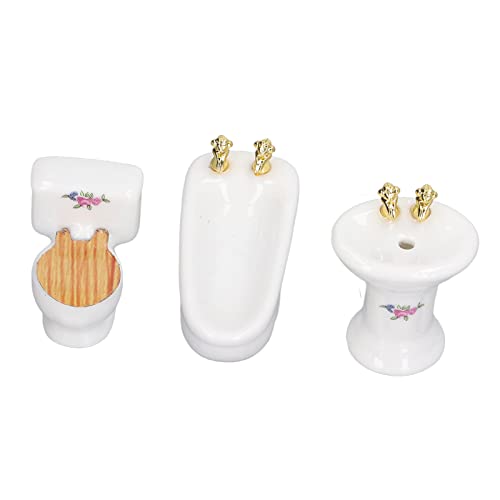 1:24 Dollhouse Miniature Bathroom Set, Ceramic Simulation Bathtub Toilet Sink, Miniature Furniture, Mini Ceramic Bathroom Furniture Set for Dollhouse Restroom Decoration (Flower Pattern)