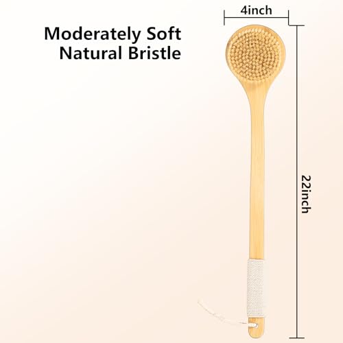 Back Scrubber Brush for Shower, 22" Curved Long Bamboo Handle Shower Brush, Antiskid Body Bath Brushes for Back Dry/Wet Brushing, Moderately Soft Natural Bristle Body Brush for Showering (Beige)
