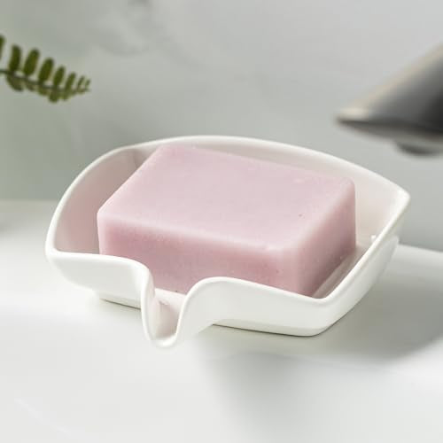 Soap Dish with Waterfall Design, Ceramic Soap Holder Self Draining Bar Soap Saver for Sink Bathroom Shower Kitchen to Keep Organized and Clean, White - color: White, size: Rectangular