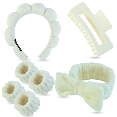 7 Pcs Spa Set, Facial Headband and Wristband Set, Skincare Accessories, College Style Girl Idea Gifts, Hair Accessories for Women and Girls（Light Beige） - color: Light Beige