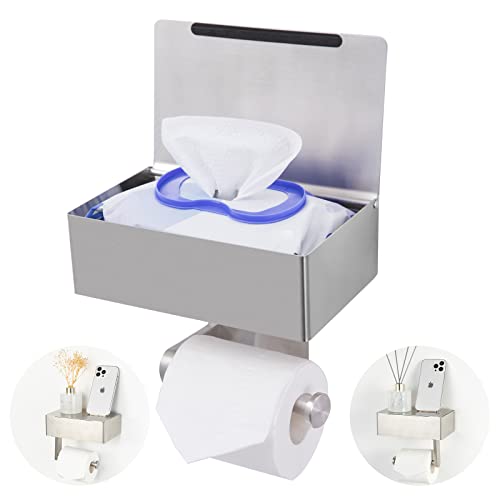 Adhesive Toilet Paper Holder with Shelf and Storage, Wall Mount Toilet Paper Roll Holder & Flushable Wipes Dispenser Set Fits Any Bathroom, Stainless Steel Tissue Holder-Round, Brushed Nickel - color: Brushed Nickel Round