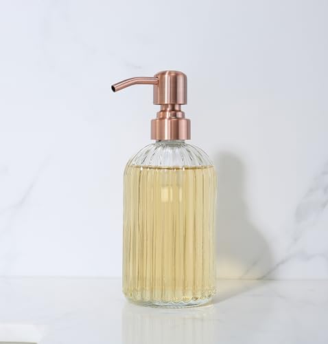 Copper Glass Bathroom Soap Dispenser with Metal Pump,Vintage Dish Soap Dispenser for Kitchen, Used for Lotionor Home,Bathroom,Countertop, Hotel - color: Copper+clear, size: 1-Pack