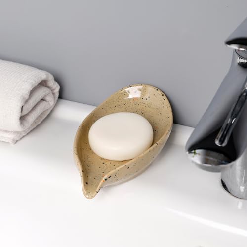 Soap Holder, Self Draining Soap Dish, Leaf Shape Bar Soap Holder Ceramic Drain Soap Dishes for Bathroom Sink Shower Kitchen, Easy to Clean Keeps Soap Dry, ANTIS'S HOME - color: Lightcurry-1pcs-enhanced Draining