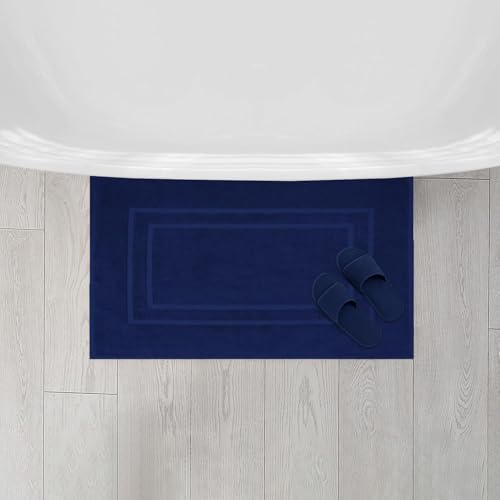 Feather & Stitch 2 Piece Towel Like Bath Mats (30x21 Inch) 100% Cotton Terry Bath Mats, Bathroom Shower Floor Mats [NOT A Bathroom Rug], Soft Absorbent Washable Mats - Navy Blue - color: Navy Blue