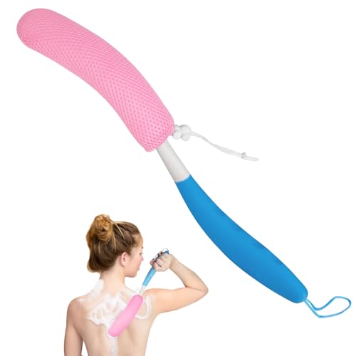 Back Scrubber for Shower, 15.35" Long Handle Shower Brush for Body, Back Brush for Shower for Men Women, Long Handled Bath Sponge for Deep Clean, Exfoliating, Anti-Slip Curve Handled Back Scrubber - size: Blue-pink