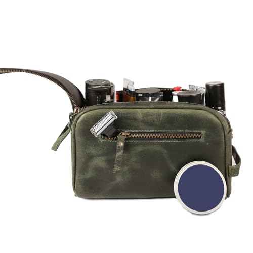 KomalC Leather Toiletry Bag for Men & Women – Handcrafted Travel Grooming Kit with Water-Resistant Lining and Secure Zipper Closure - style: 1 Zip Classic Light Green