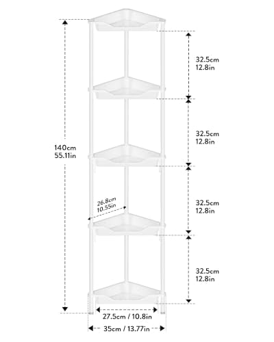 Orimade Rustproof 5 Tier Floor Standing Corner Shower Caddy Organizer, Plastic Aluminum Splicing Floor Corner Shelf Rack Stands for Bathroom, White - color: White, size: 5 Tier