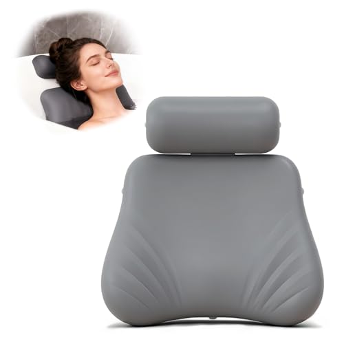 Upgraded Silicone Bath Pillow, 4D Press Inflatable Airbag and Non-Slip Large Suction Cups, Adjustable Head Neck and Back Support, Comfortable Luxury Bath Pillows for Tub, Bath Spa Accessories Gray - color: Gray