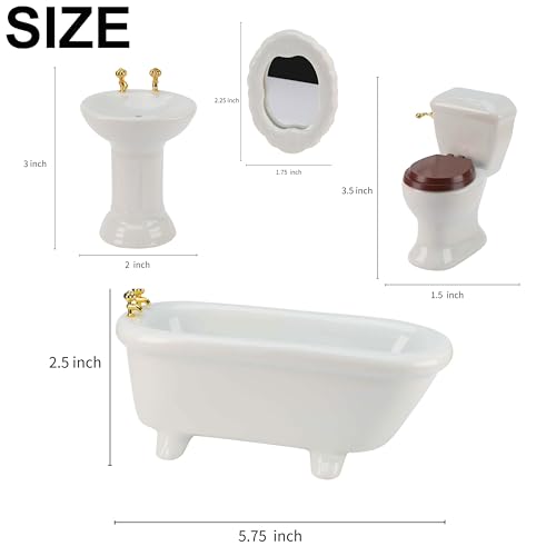 Waldosia 1:12 Scale White Porcelain Dollhouse Bathroom Set – 4-Piece Miniature Furniture with Bathtub, Pedestal Sink, Toilet & Mirror