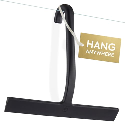 GÜTEWERK Shower Squeegee for Glass Doors – Bathroom Squeegee for Shower Glass & Tile Walls, Streak-Free & No-Squeak Silicone Blade, Stainless Steel Core, Hang Hook + Suction Cup, Black, 10 Inch - color: Black