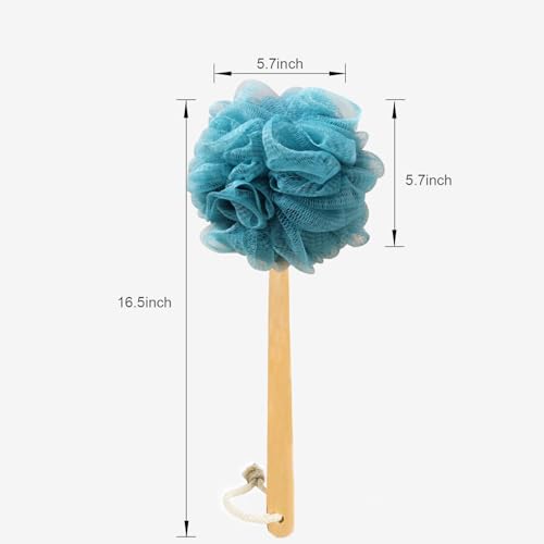 Teal Loofah with Handle - Back Scrubber Shower Sponge, Vibrant Exfoliating Luffa with PE Mesh and Wood Handle, Refreshing Bath Experience for Men and Women - color: Cyan-blue