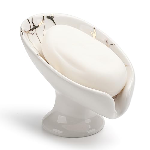 Soap Dish, Ceramic Soap Holder, Self Draining Soap Dish Holder, Leaf Shape Soap Bar Holder (White)