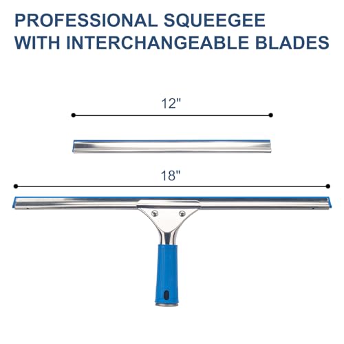 Professional Squeegee for Window Cleaning, 18” Window Squeegee for Shower Glass Door, Stainless Steel Rubber Squeegee Includes 12” Replacement Blades