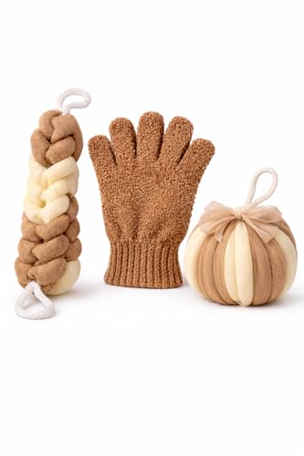 Ja'Kdrs Loofah and Exfoliating Glove Set, 2 Piece Bath Sponge Set (Brown & White) - color: Brown & White