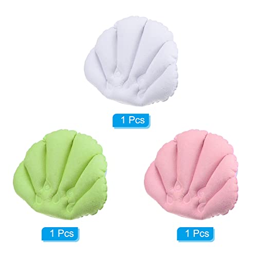 PATIKIL Inflatable Bath Pillow with Suction Cups, 3 Pack Terry Cloth Covered Shell Shape Bath Pillow Neck Support for Bathtub Hot Tub (Pink, White, Green) - color: Pink, Blue, Green