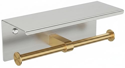 FORIOUS Double Toilet Paper Holder with Shelf, Wall Mount Tissue Roll Holder for Bathroom, 304 Stainless Steel Commercial Toilet Tissue Dispensers with Phone Shelf (1, Stainless Steel & Brushed Gold) - color: Stainless Steel & Brushed Gold