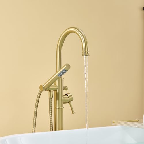 Wowkk Free Standing Tub Faucet Brushed Gold Freestanding Bathtub Faucet Floor Mount Brass Bathroom Tub Filler with Hand Shower - color: Brushed Gold, style: Modern
