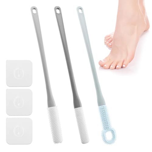 CALIDAKA 3 Pack Toe Scrubber Brush,with 15.75" Long Handle Silicone Shower Foot Scrubber,Toe Cleaning Brush,No Bending to Remove The Dead Skin of The Feet,for Elderly, Pregnant Women