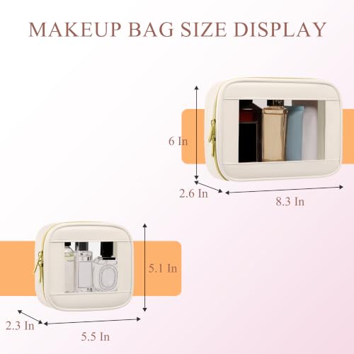 2-Piece Leather Clear Makeup Bags Set - Waterproof Clear Cosmetic Bag Case with Zipper, Transparent TSA Approved Toiletry Bag for Travel, Car Accessories for Women (Beige-2, Mini+Medium) - color: Beige-2, size: Mini+Medium