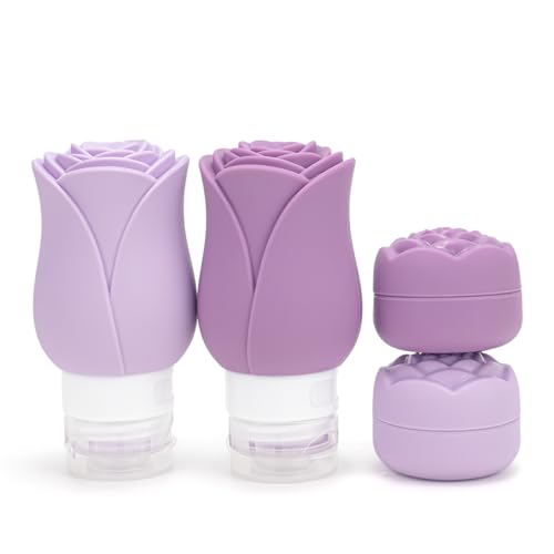 Travel Containers Bottle for Toiletry 4 Pack 3oz Leakproof TSA Approved & Refillable Mini Cream Jars, Silicone Squeeze Tube Rose Bottles for Shampoo Lotion Body Wash BPA Free +Bag, Purple Rose - color: Dark Purple+Light Purple, size: 2 Bottles+ 2 Jars