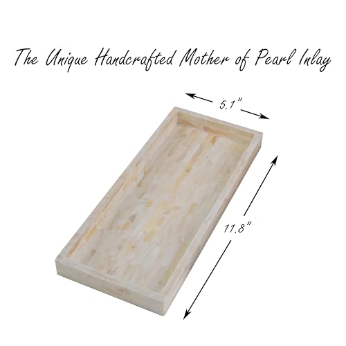 PEMAR Set of 2 Mother of Pearl Bathroom Tray for Counter, 11" Wooden Vanity Tray for Perfume Makeup Kitchen Sink Countertop Organizer, Toilet Tank Tray, Valet Tray (White Tiles) - color: White Tile