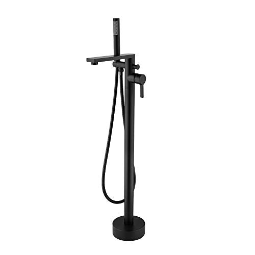 Wowkk Freestanding Bathtub Faucet Tub Filler Black Floor Mount Brass Single Handle Bathroom Faucets with Hand Shower - color: Black, style: Classic