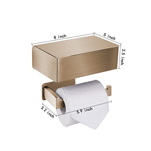 Adhesive Toilet Paper Holder with Shelf and Storage, Wall Mount Toilet Paper Roll Holder & Flushable Wipes Dispenser Set Fits Any Bathroom, Stainless Steel Tissue Holder-Square, Gold - color: Gold Square