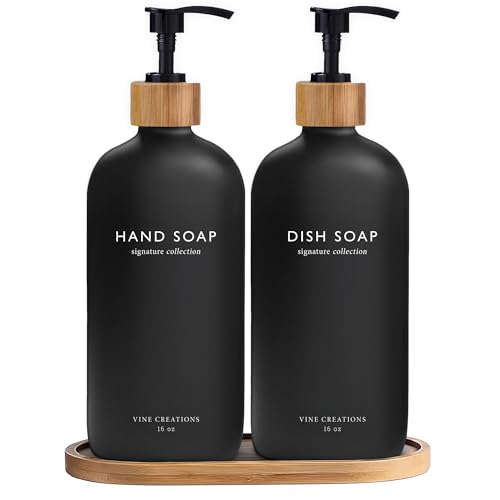 Vine Creations Black Glass Soap Dispenser Set, Hand Soap and Dish Soap Dispenser Set with Bamboo Tray, 16 oz Glass Dispensers Bottle for Kitchen and Bathroom Decor Modern Boho with Bamboo Pump (Black) - color: Black