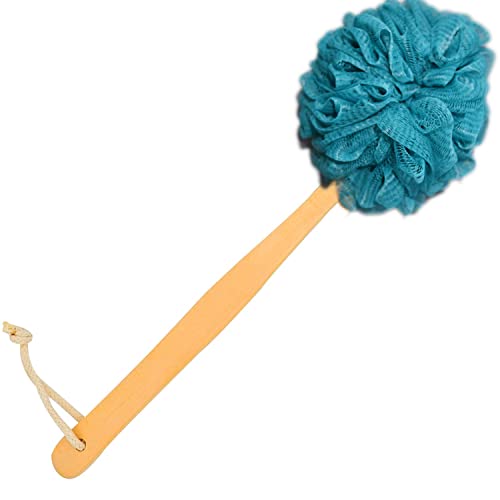 Teal Loofah with Handle - Back Scrubber Shower Sponge, Vibrant Exfoliating Luffa with PE Mesh and Wood Handle, Refreshing Bath Experience for Men and Women - color: Cyan-blue