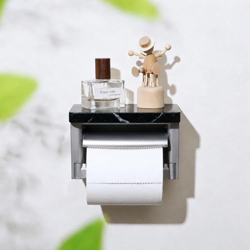 Black Marble Toilet Paper Holder, Modern Silver Marble Toilet Paper Holder, Wall Mounted Waterproof Toilet Paper Dispenser with Cover & Shelf - color: Marble Black&silver, size: Single