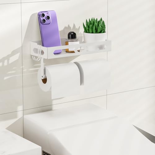White Paper Towel Holder Wall Mount with Shelf - Adhesive Hand Towel Rack, Space-Saving for Bathroom, Kitchen, RV Camper - color: White