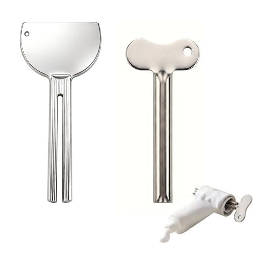 2-in-1 Stainless Steel Toothpaste Squeezer Set, Metal Tube Key & Spatula Scraper, Reusable Tube Wringer Roller Dispenser Tool for Toothpaste, Ointment, Cream, Paint, Cosmetic (2 Pack, Silver)