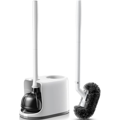 HAMITOR Toilet Plunger Bowl Brush Combo：Heavy Duty Rubber for Drain Clog Remover - Curved Design Bristles for Deep Cleaning Under Rim - Compact Bathroom Cleaning Tools for New Homet Essentials - White - color: A-white, size: 1 pack