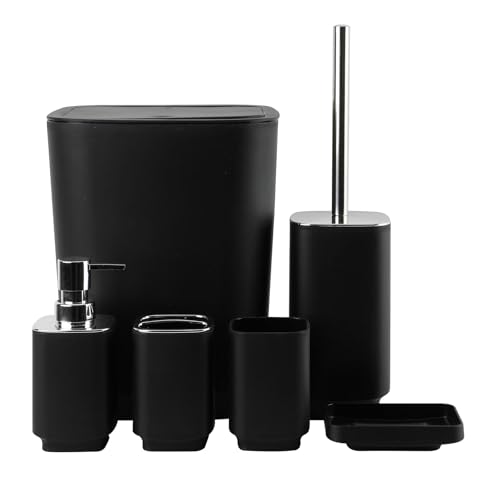 Bathroom Accessory Set 6 Piece Bathroom Accessories Set with Toothbrush Holder&Cup,Soap Dispenser& Dish,Toilet Brush Holder,Trash Can Plastic Gift Set for Bathroom Decorative Countertop (Black - color: Black