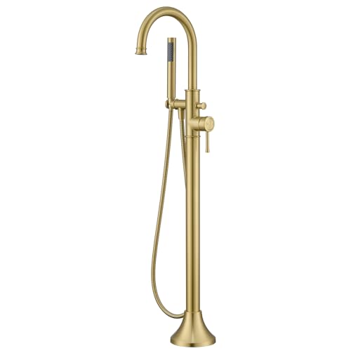 Wowkk Free Standing Tub Faucet Brushed Gold Freestanding Bathtub Faucet Floor Mount Brass Bathroom Tub Filler with Hand Shower - color: Brushed Gold, style: Modern
