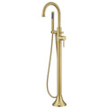 Wowkk Free Standing Tub Faucet Brushed Gold Freestanding Bathtub Faucet Floor Mount Brass Bathroom Tub Filler with Hand Shower - color: Brushed Gold, style: Modern