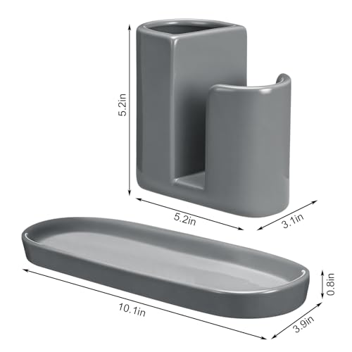 Geelin 3 in 1 Ceramic Kitchen Sink Caddy Dish Sponge Holder Scrub Brush Holder and Soap Tray for Kitchen Organizer Rustic Farmhouse Supplies (Gray) - color: Gray