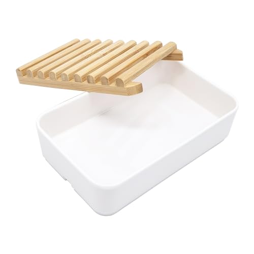 Soap Dish Holder, Bamboo Self-Draining Soap Box, Soap Dishes Holder for Shower, Bathroom, Kitchen, Bathtub, Bar Sink (White, 1 Pack)