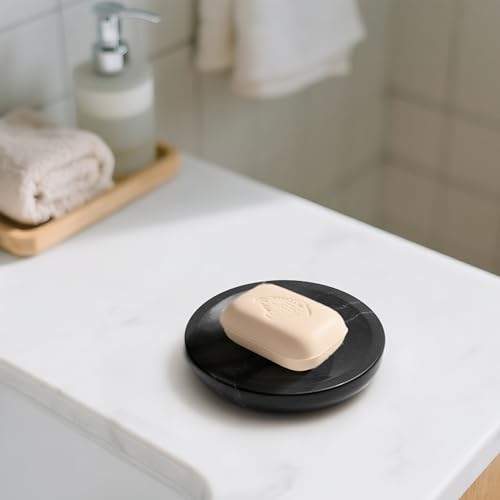 Marble Soap Dish Italy Natural Stone Sponge Holder for Bathroom Tub Shower Kitchen Sink, Handcraft Round Soap Case Organizer Trinket Plate Jewelry Tray Coaster for Home Decor Black (DL007) - color: Black