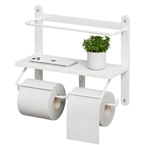 Homeiju Double Toilet Paper Holder with Shelf, Wooden Wall-Mounted Toilet Paper Roll Holder, Wall-Mounted Bathroom Organizer, Double Roll, Suitable for Bathrooms(White) - color: White