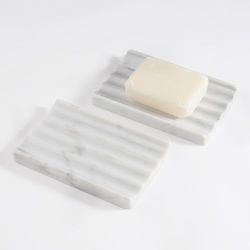 2 Pcs Soap Holder for Bathroom, Marble Soap Dish for Kitchen Countertop, Bathroom Tray with Creative Wavy Design, Soap Saver for Bath Tub, Sponges, Italian Natural Stone(Bianco Carrara) - color: Bianco Carrara