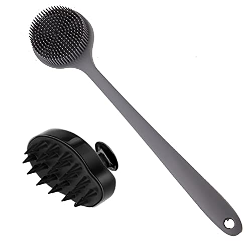 Silicone Body Scrubber & Scalp Massager, Long Handle Back Scrubber for Shower, Exfoliating Brush, Hair Dandruff Shampoo Brush for Men, Women & Kids - color: Gray