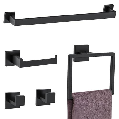 5 Pieces Towel Bar Set Matte Black Bathroom Hardware Accessories Set Include Towel Rack TP Holder Towel Ring Coat Hooks Stainless Steel Wall Mounted Towel Holder Set for Bathroom,23.6 in - color: 5 Pcs Matte Black