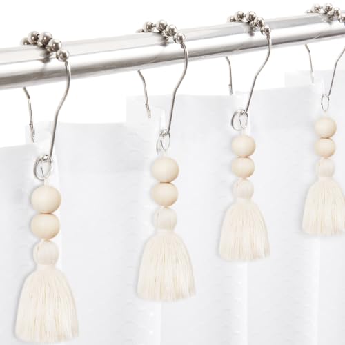 Boho Shower Curtain Hooks Rings Rustproof, CHICTIE Nautical Decorative Shower Curtain Rings with Handmade Wood Beads Tassel, Farmhouse Home Bathroom Bedroom Decor Set of 12 (Natural Cotton) - color: Natural Cotton